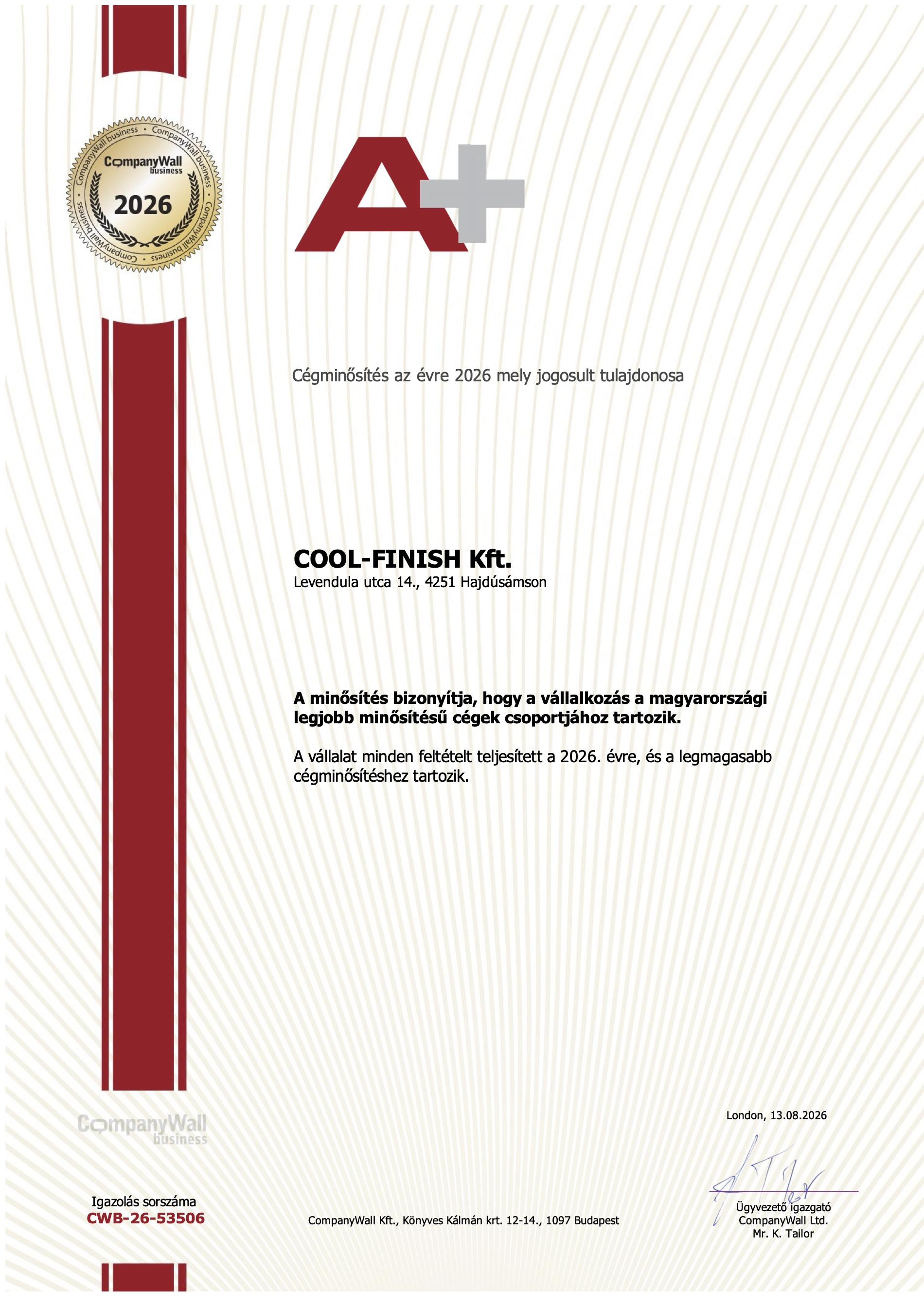 CompanyWall 2026-os A+ minősítése